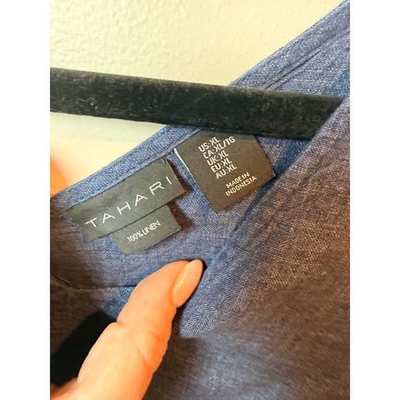 Tahari Women's Navy Blue Linen Sleeveless V Neck Dress XL Button Side - Picture 2 of 7